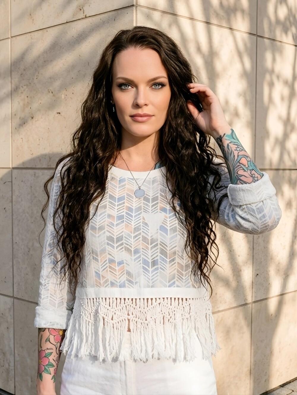 Free People ✦ Chevron Fringe Hem Knit Crop Sweater ✦ Ivory Black 3/4 Sleeve S